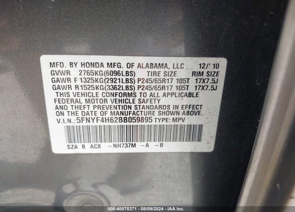 2011 HONDA PILOT EX-L VIN: 5FNYF4H62BB059895