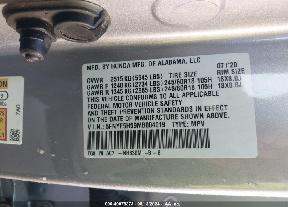 2021 HONDA PILOT 2WD EX-L VIN: 5FNYF5H59MB004019