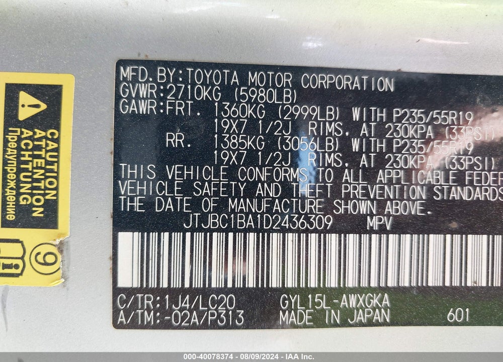 2013 LEXUS RX 450H VIN: JTJBC1BA1D2436309