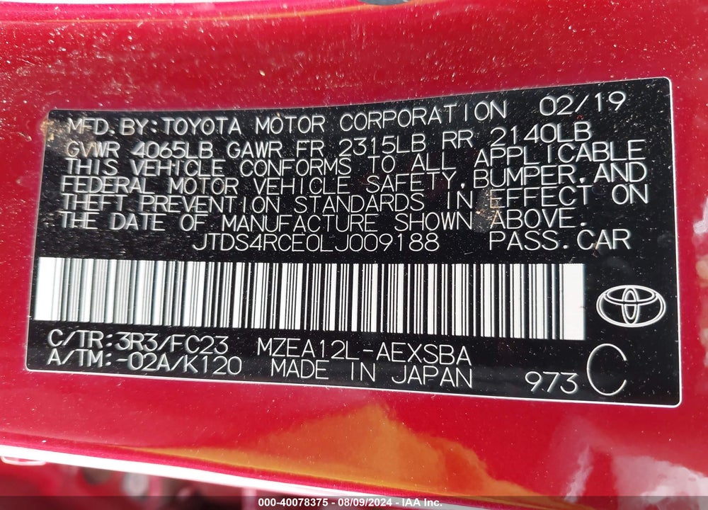2020 TOYOTA COROLLA SE VIN: JTDS4RCE0LJ009188