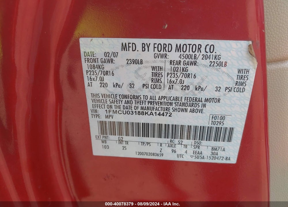 2008 FORD ESCAPE XLT VIN: 1FMCU03188KA14472