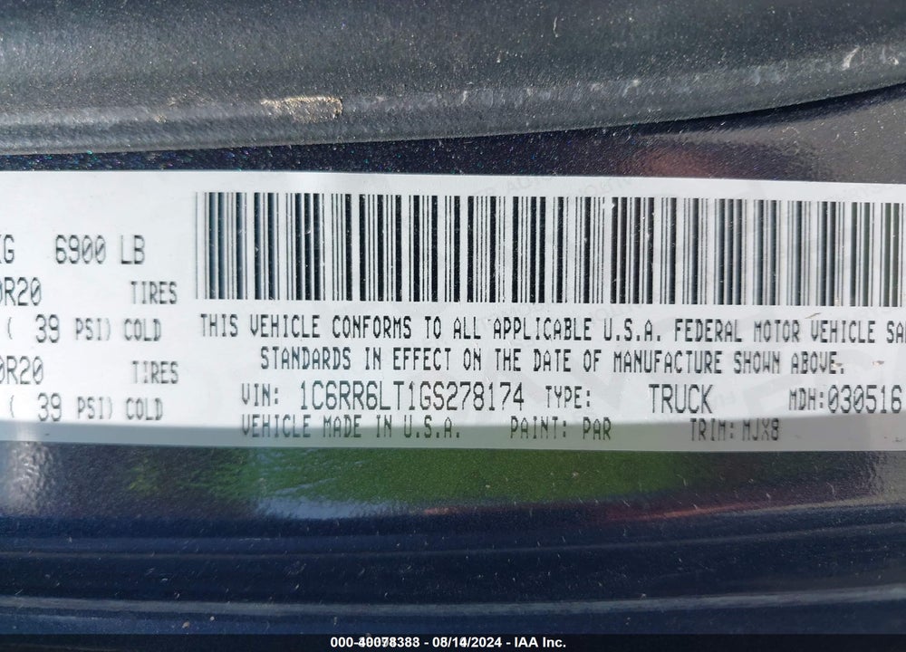 2016 RAM 1500 BIG HORN VIN: 1C6RR6LT1GS278174