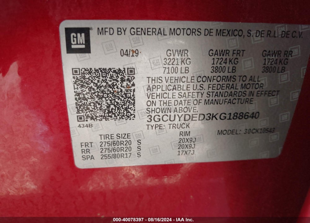 2019 CHEVROLET SILVERADO 1500 LT VIN: 3GCUYDED3KG188640