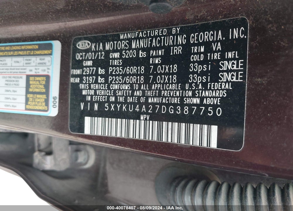 2013 KIA SORENTO EX V6 VIN: 5XYKU4A27DG387750
