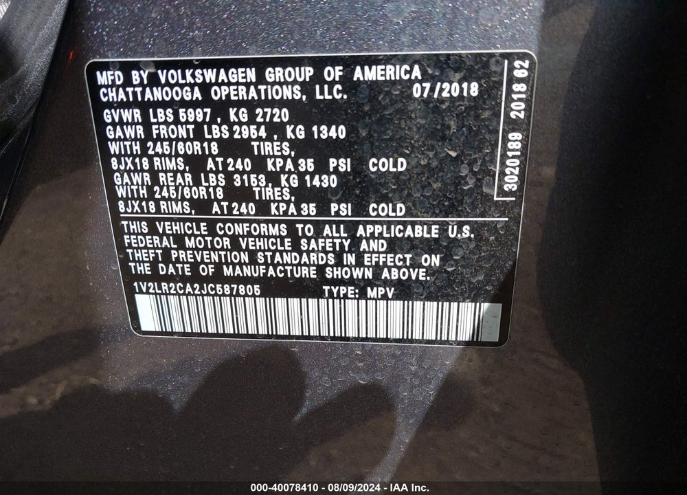 2018 VOLKSWAGEN ATLAS 3.6L V6 SE/3.6L V6 SE W/TECHNOLOGY VIN: 1V2LR2CA2JC587805