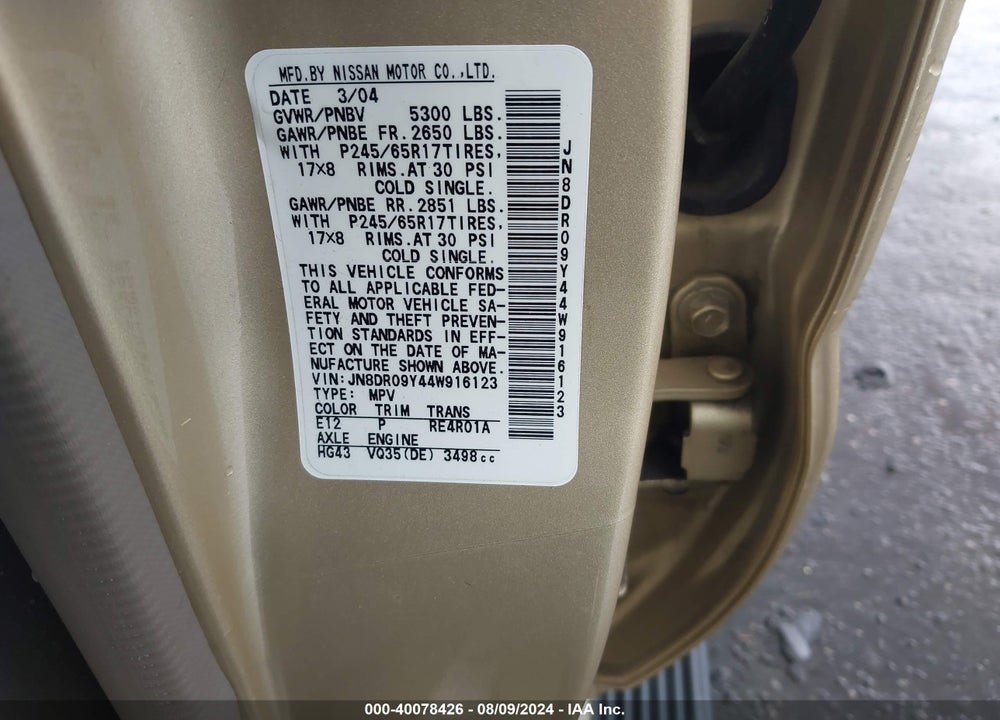 2004 NISSAN PATHFINDER LE PLATINUM VIN: JN8DR09Y44W916123