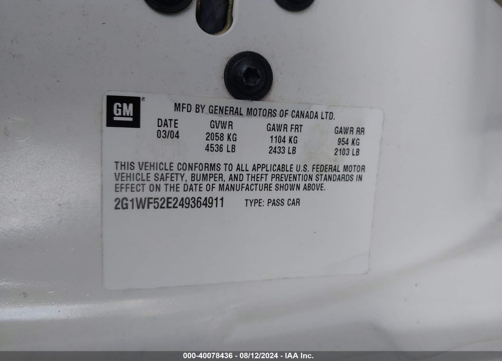 2004 CHEVROLET IMPALA VIN: 2G1WF52E249364911