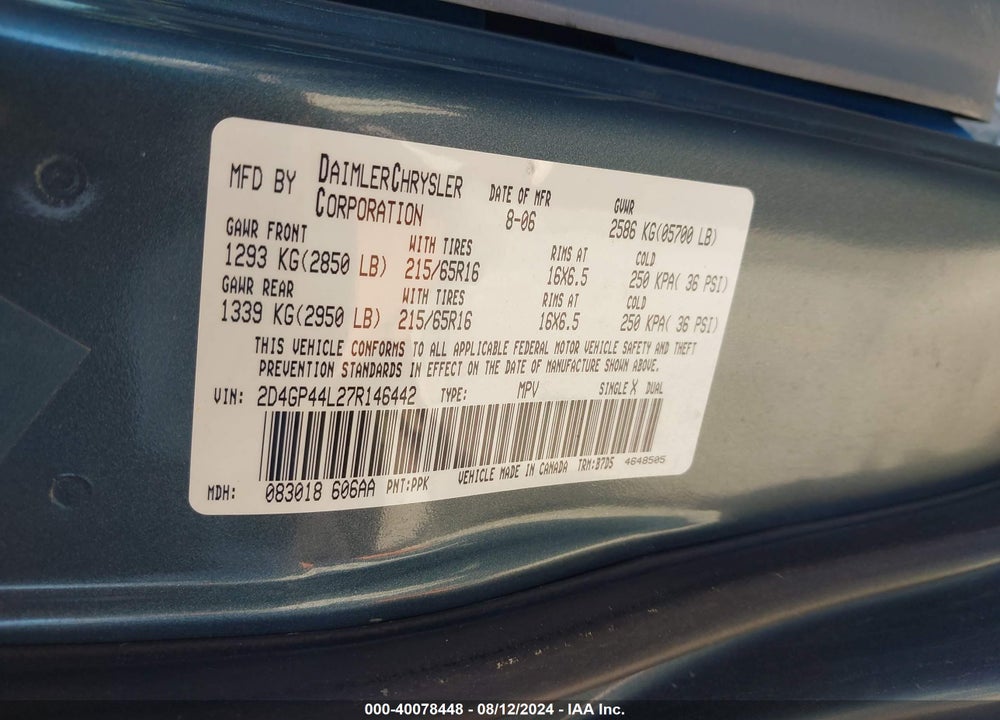 2007 DODGE GRAND CARAVAN SXT VIN: 2D4GP44L27R146442
