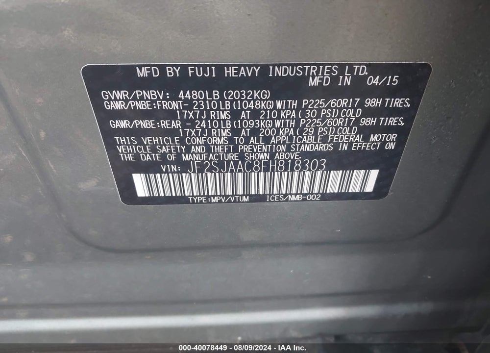 2015 SUBARU FORESTER 2.5I VIN: JF2SJAAC8FH818303