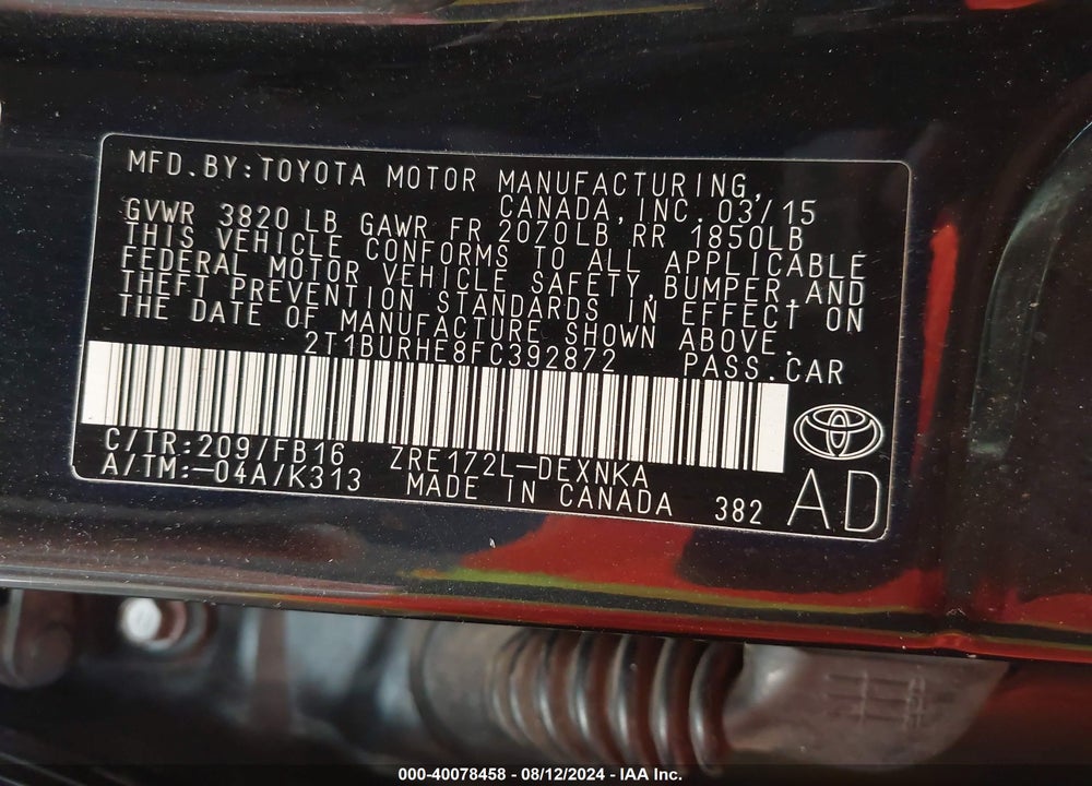 2015 TOYOTA COROLLA LE PLUS VIN: 2T1BURHE8FC392872