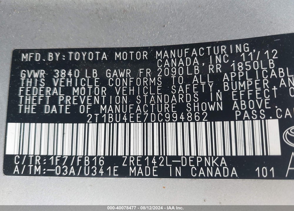 2013 TOYOTA COROLLA LE VIN: 2T1BU4EE7DC994862