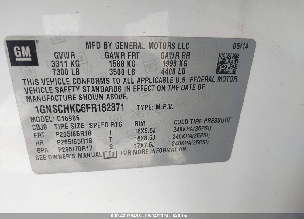 2015 CHEVROLET SUBURBAN 1500 LS VIN: 1GNSCHKC6FR182871
