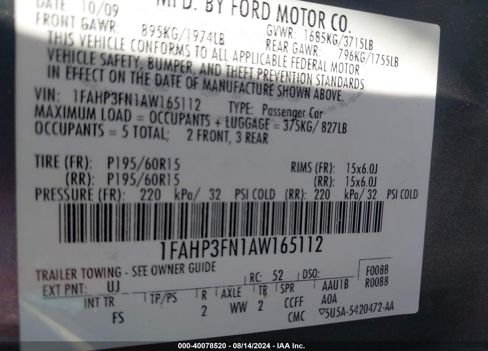 2010 FORD FOCUS SE VIN: 1FAHP3FN1AW165112