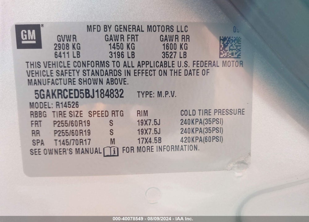 2011 BUICK ENCLAVE 2XL VIN: 5GAKRCED5BJ184832
