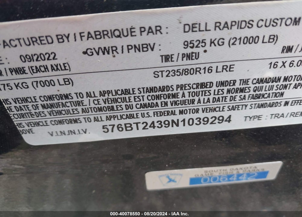 2022 TRAILER DELL RAPIDS CUSTOM VIN: 576BT2439N1039294