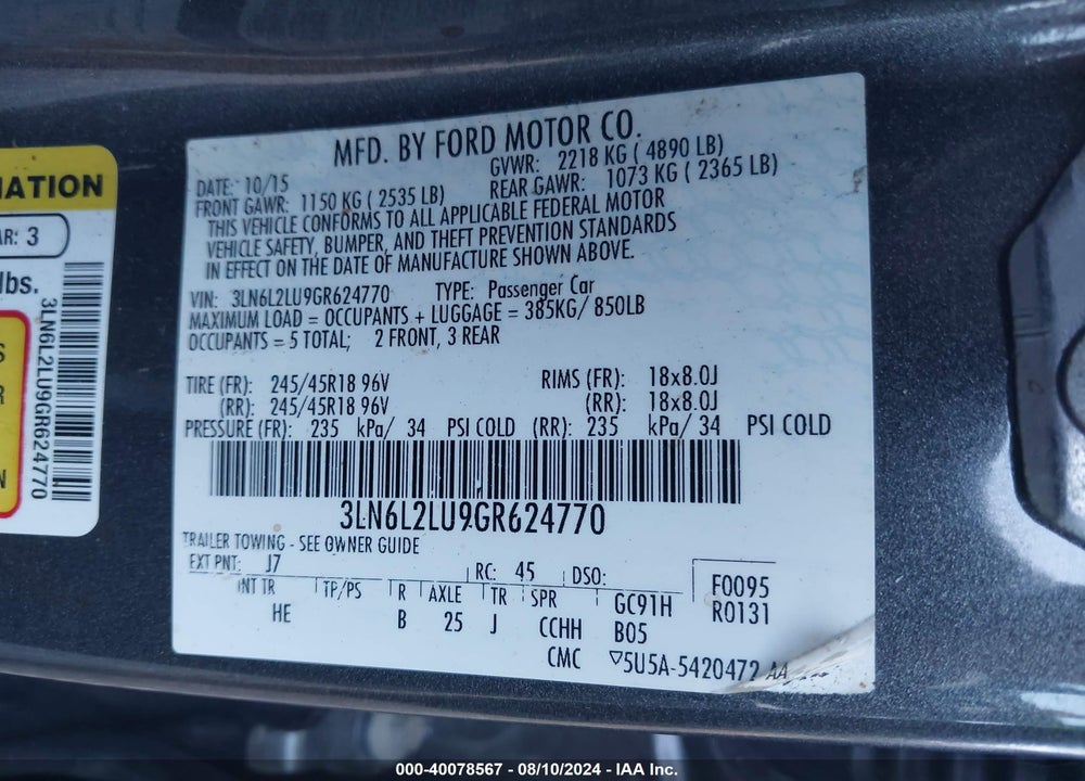 2016 LINCOLN MKZ HYBRID VIN: 3LN6L2LU9GR624770