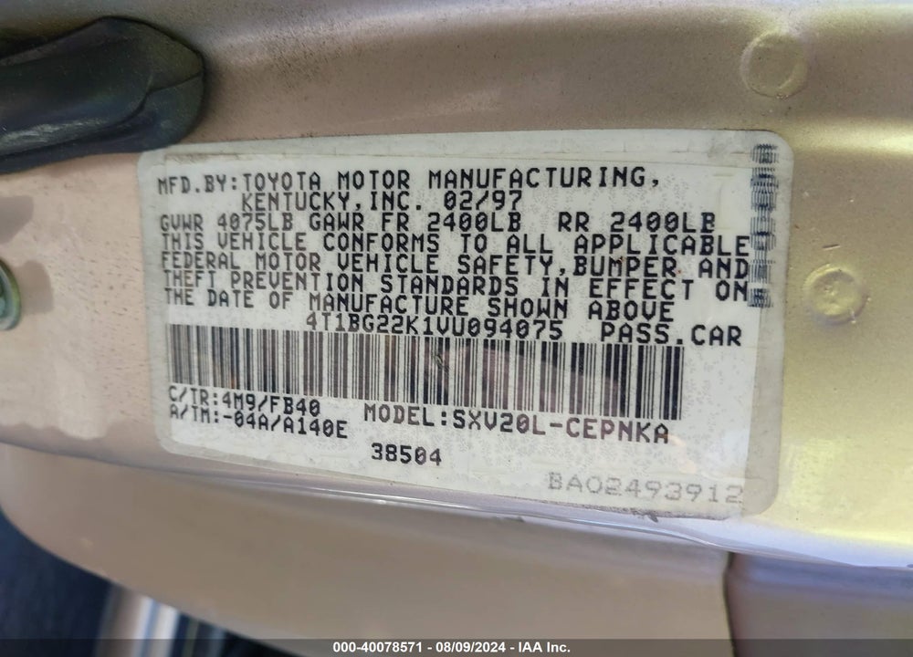 1997 TOYOTA CAMRY LE VIN: 4T1BG22K1VU094075