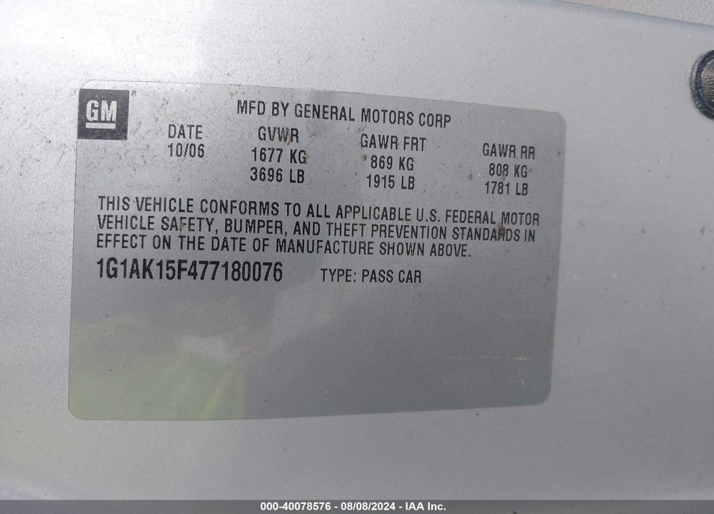 2007 CHEVROLET COBALT LS VIN: 1G1AK15F477180076
