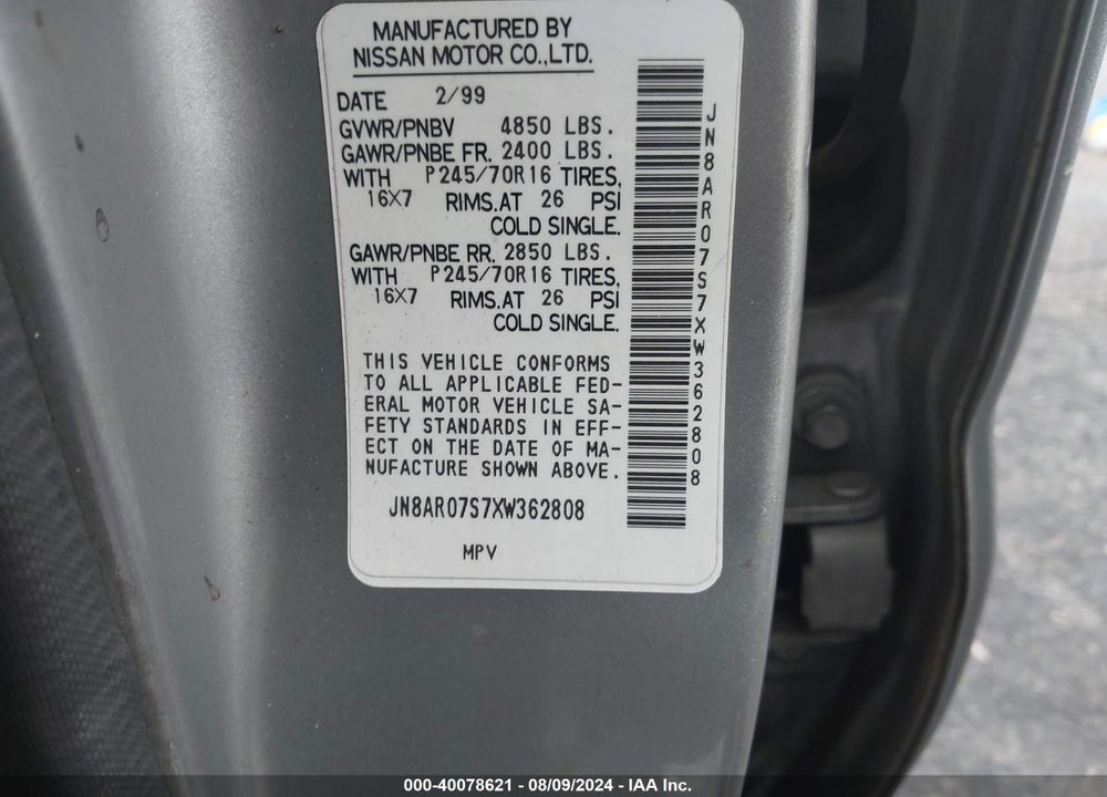 1999 NISSAN PATHFINDER LE/SE/XE VIN: JN8AR07S7XW362808
