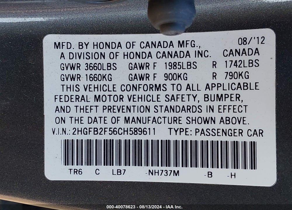 2012 HONDA CIVIC LX VIN: 2HGFB2F56CH589611