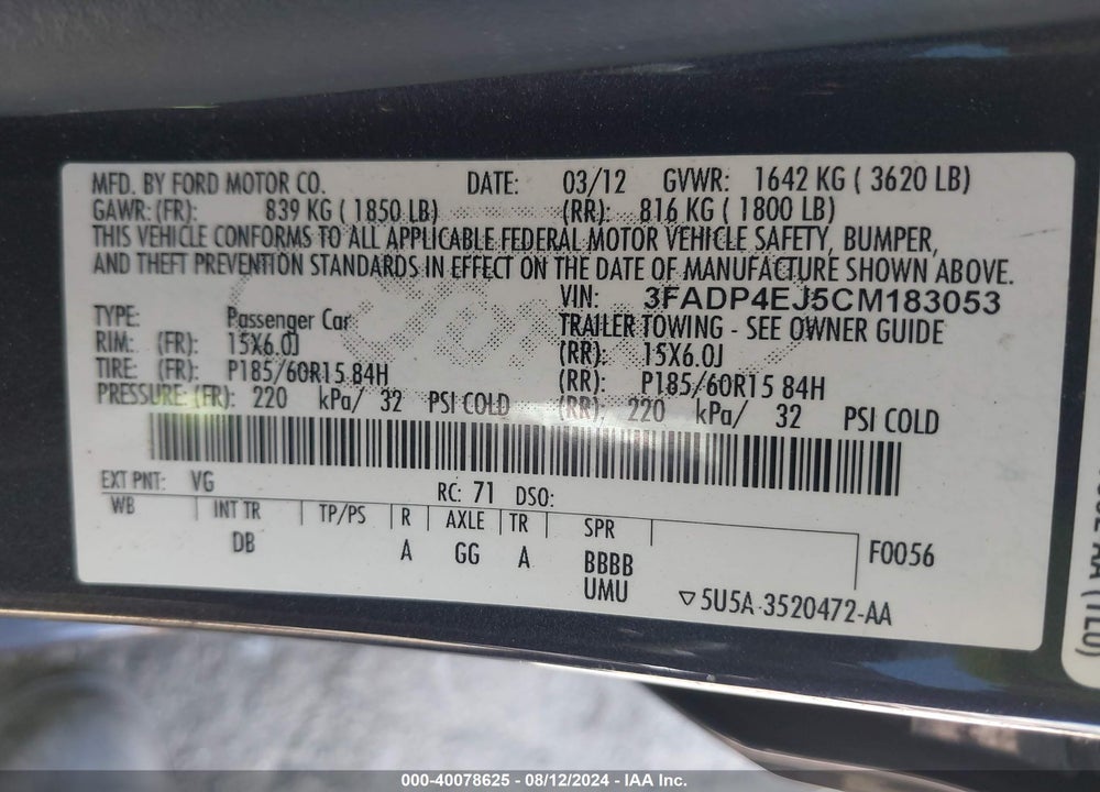 2012 FORD FIESTA SE VIN: 3FADP4EJ5CM183053