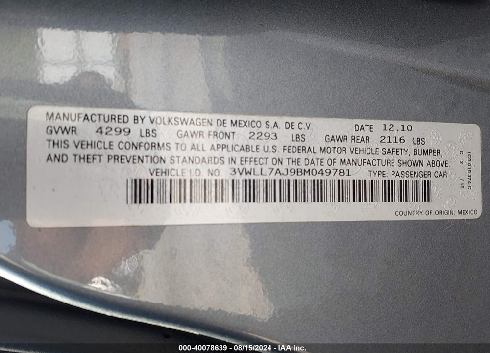 2011 VOLKSWAGEN JETTA 2.0L TDI VIN: 3VWLL7AJ9BM049781