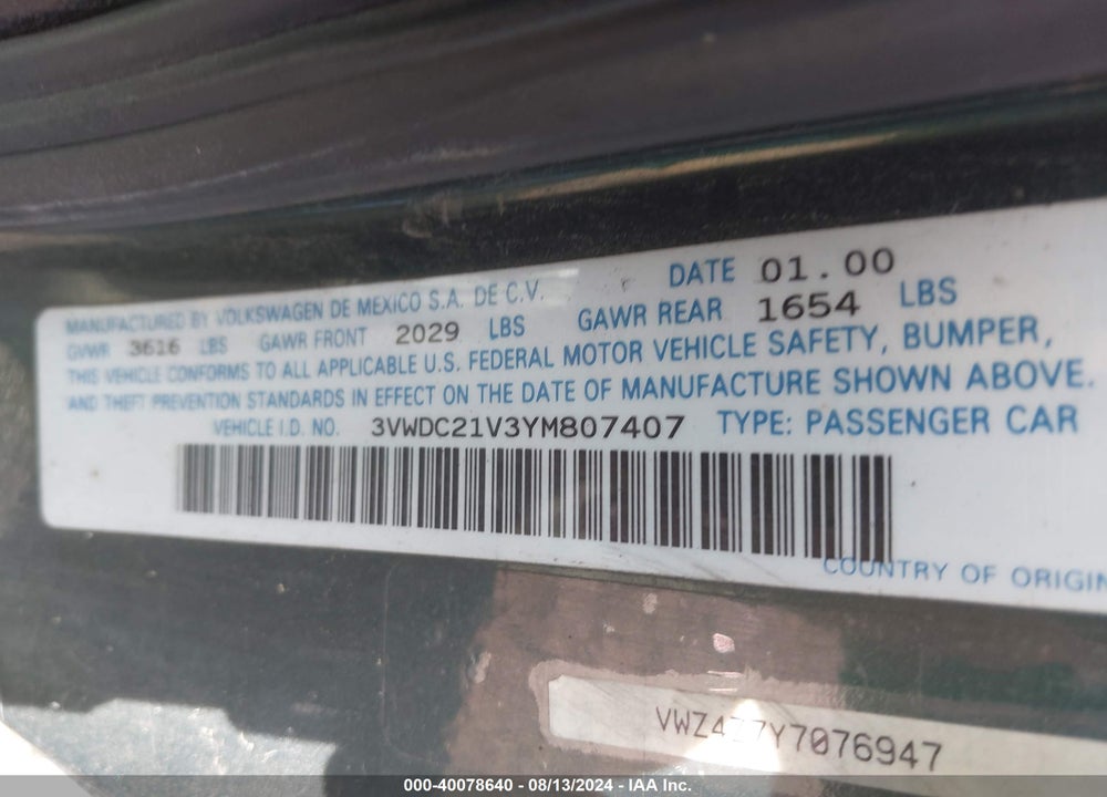 2000 VOLKSWAGEN CABRIO VIN: 3VWDC21V3YM807407