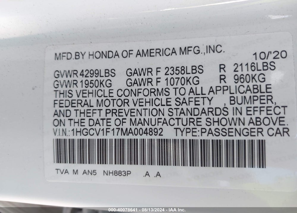 2021 HONDA ACCORD VIN: 1HGCV1F17MA004892