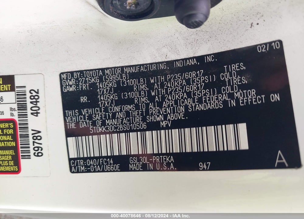2011 TOYOTA SIENNA LE V6 VIN: 5TDKK3DC2BS010506
