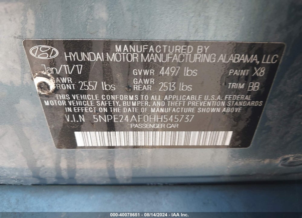 2017 HYUNDAI SONATA VIN: 5NPE24AF0HH545737