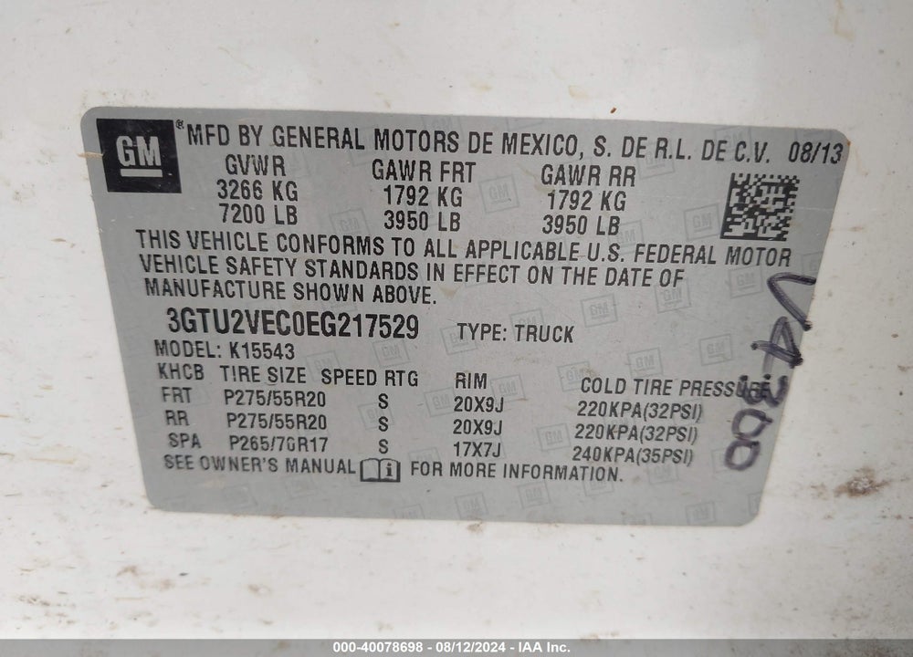 2014 GMC SIERRA 1500 SLT VIN: 3GTU2VEC0EG217529
