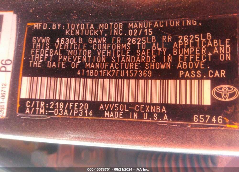 2015 TOYOTA CAMRY HYBRID LE VIN: 4T1BD1FK7FU157369