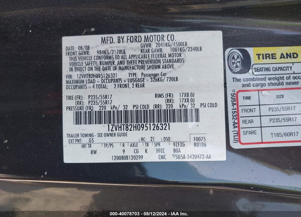 2009 FORD MUSTANG GT/GT PREMIUM VIN: 1ZVHT82H095126321