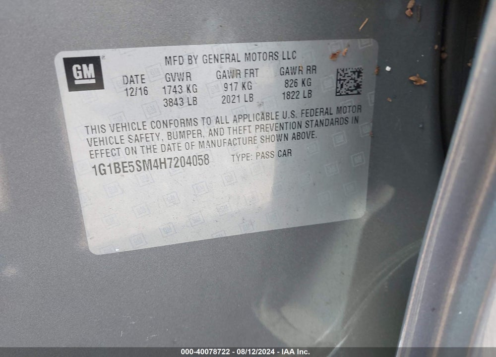 2017 CHEVROLET CRUZE LT AUTO VIN: 1G1BE5SM4H7204058