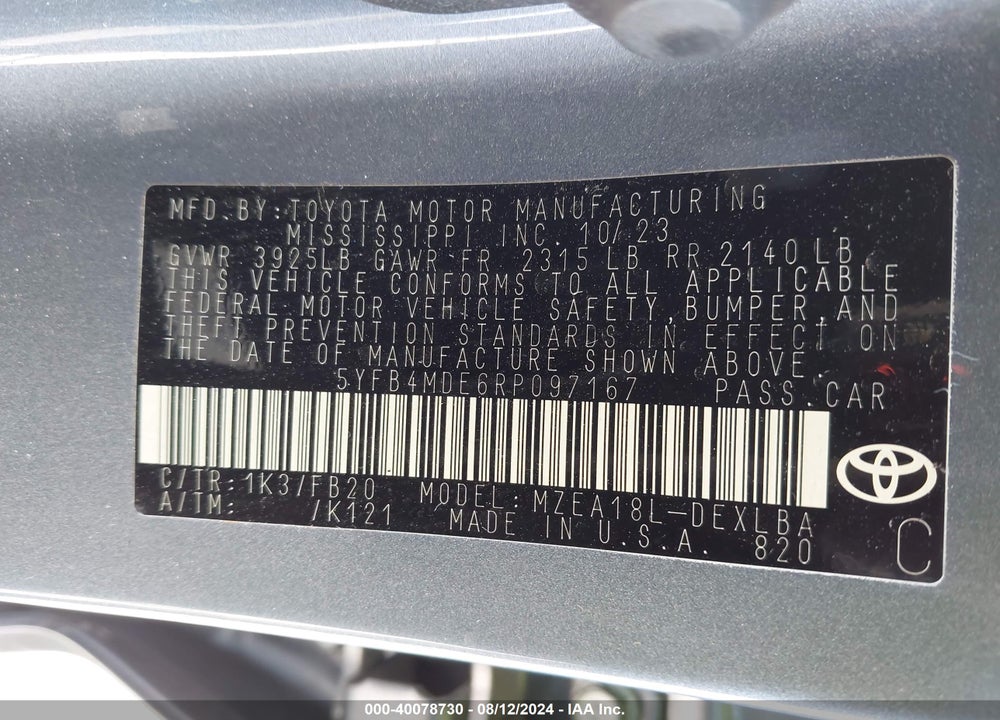 2024 TOYOTA COROLLA LE VIN: 5YFB4MDE6RP097167