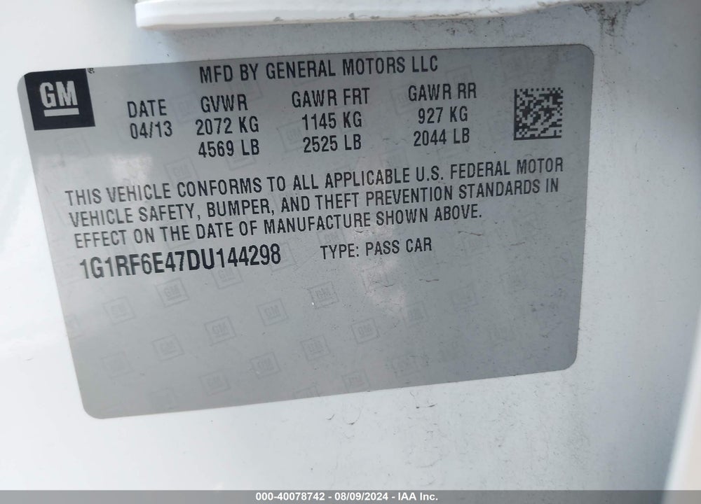 2013 CHEVROLET VOLT VIN: 1G1RF6E47DU144298
