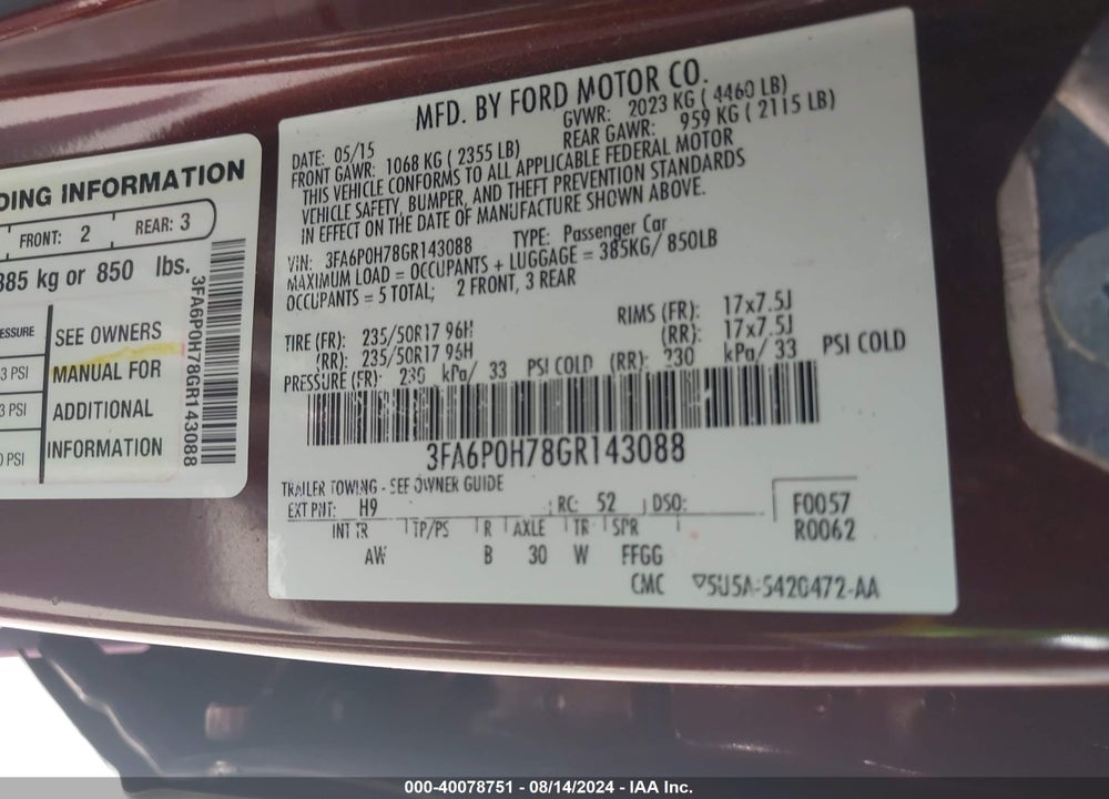 2016 FORD FUSION SE VIN: 3FA6P0H78GR143088