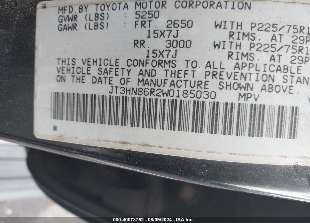 1998 TOYOTA 4RUNNER SR5 V6 VIN: JT3HN86R2W0185030
