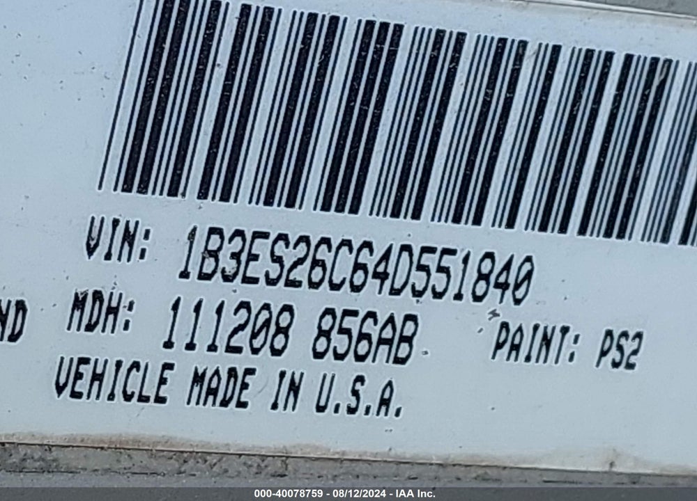 2004 DODGE NEON SE VIN: 1B3ES26C64D551840