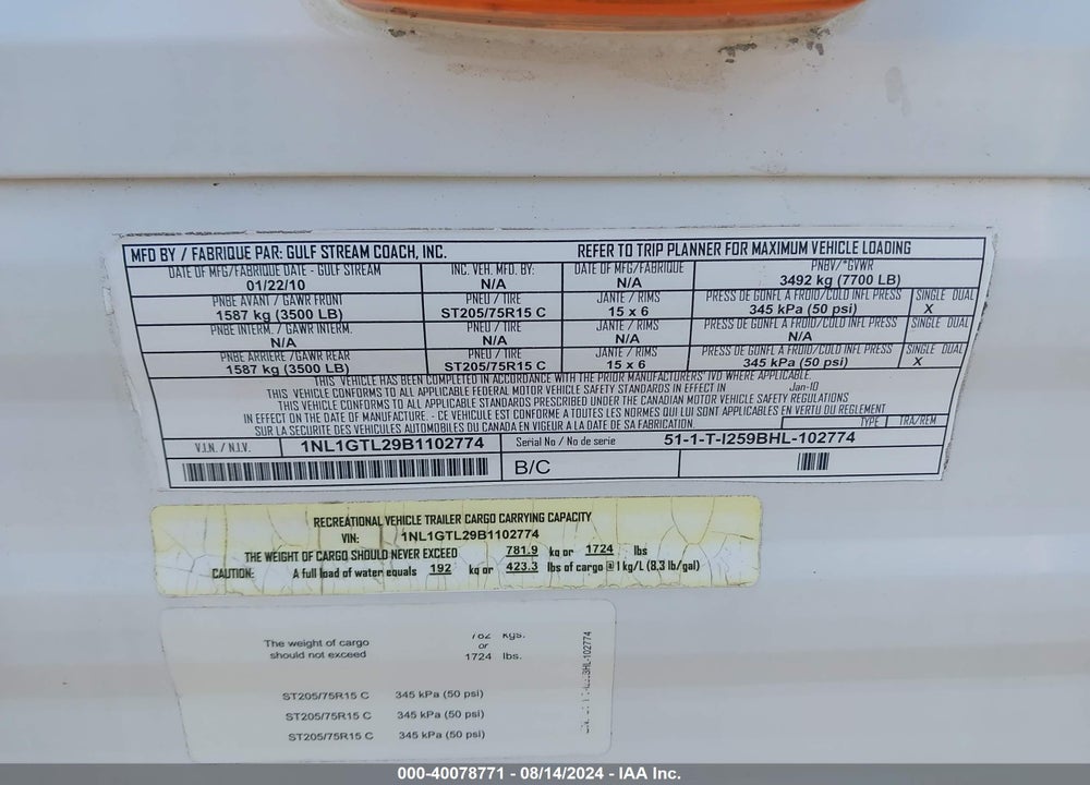 2011 GULF STREAM INNSBRUCK VIN: 1NL1GTL29B1102774