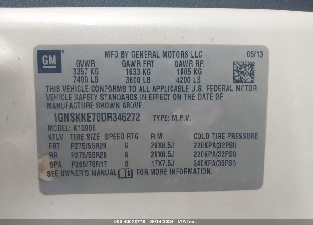2013 CHEVROLET SUBURBAN 1500 LTZ VIN: 1GNSKKE70DR346272