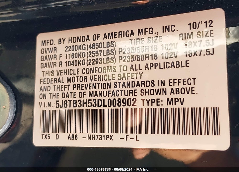 2013 ACURA RDX VIN: 5J8TB3H53DL008902