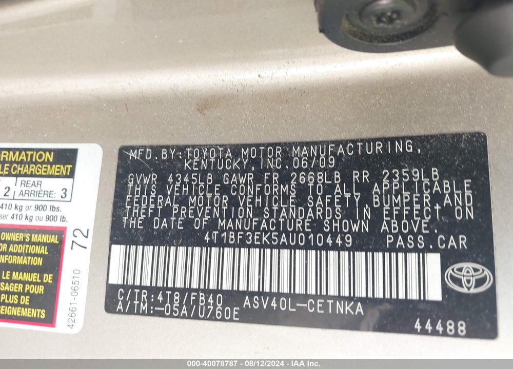 2010 TOYOTA CAMRY LE VIN: 4T1BF3EK5AU010449