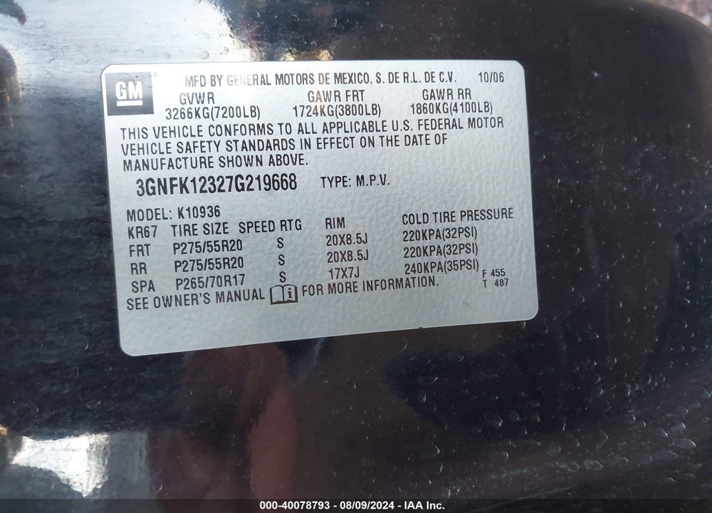 2007 CHEVROLET AVALANCHE 1500 LTZ VIN: 3GNFK12327G219668