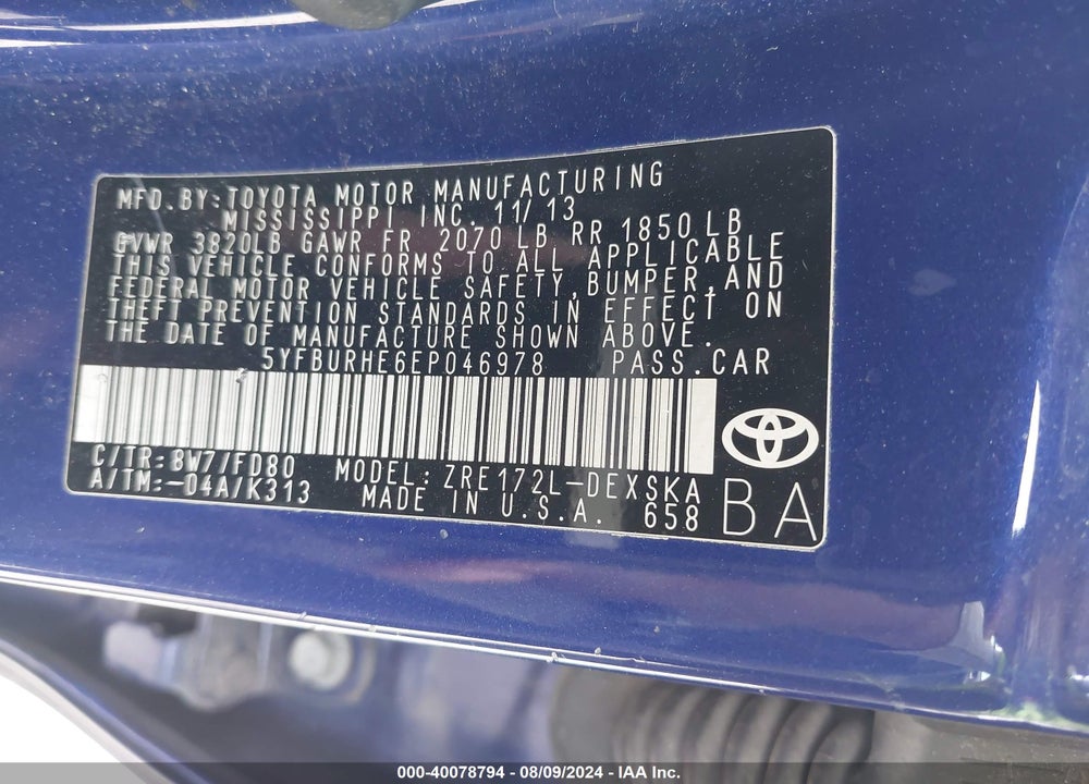 2014 TOYOTA COROLLA S PLUS VIN: 5YFBURHE6EP046978
