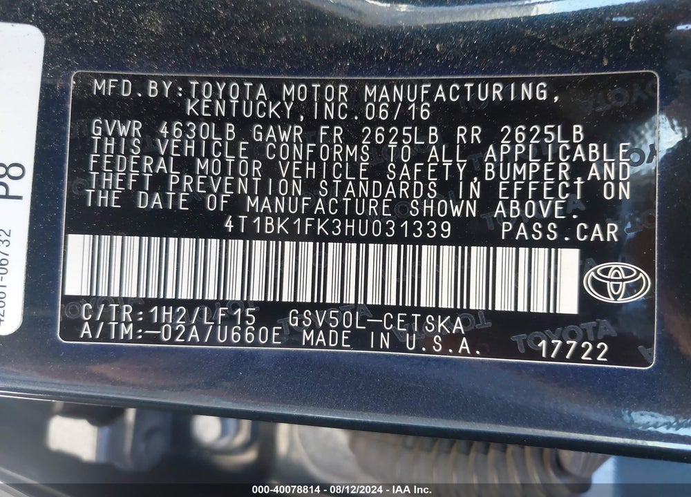 2017 TOYOTA CAMRY XSE V6 VIN: 4T1BK1FK3HU031339