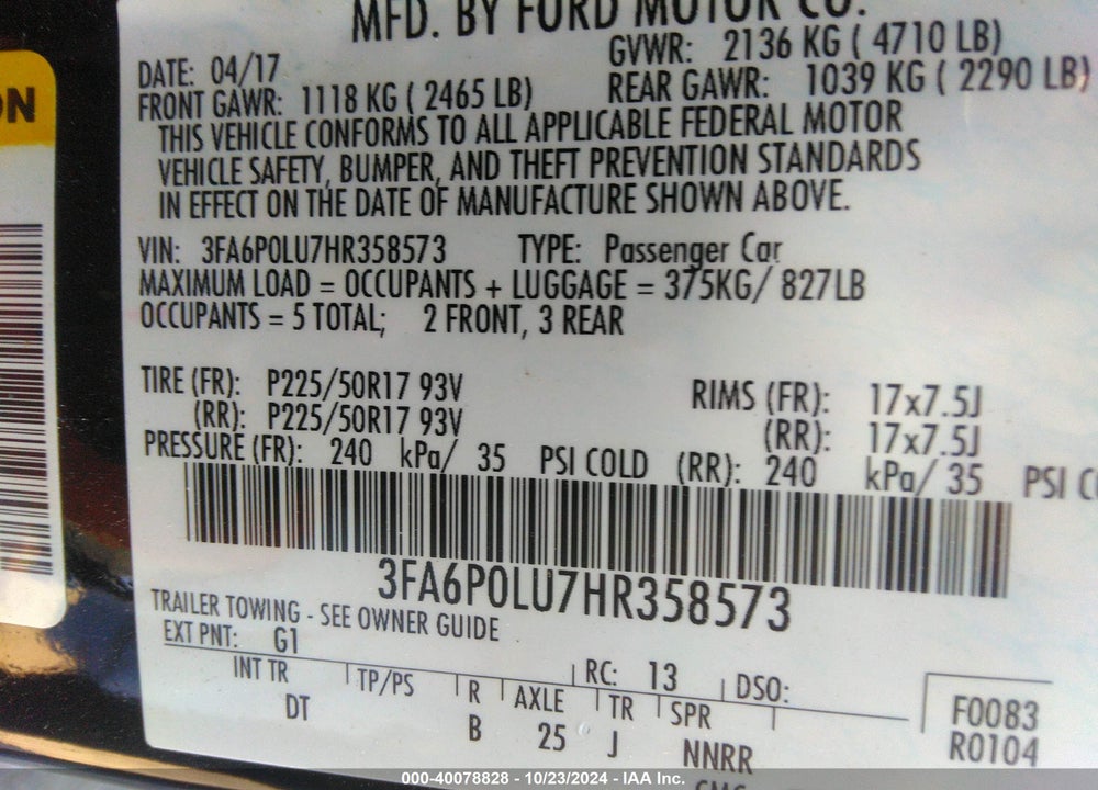2017 FORD FUSION VIN: 3FA6P0LU7HR358573