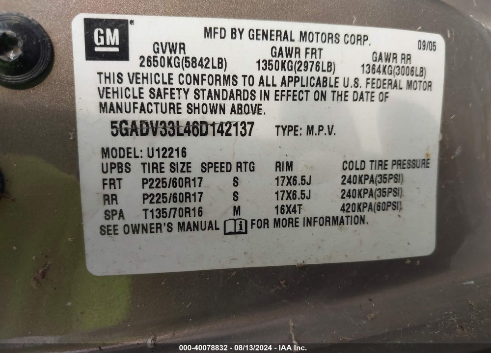 2006 BUICK TERRAZA CXL VIN: 5GADV33L46D142137