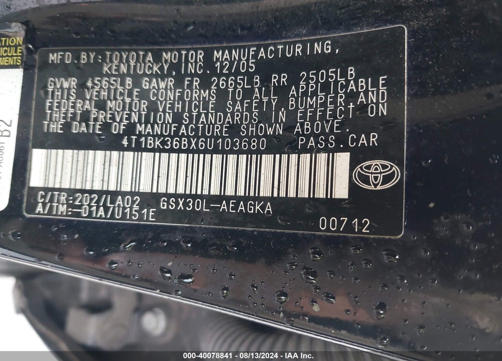 2006 TOYOTA AVALON XLS VIN: 4T1BK36BX6U103680
