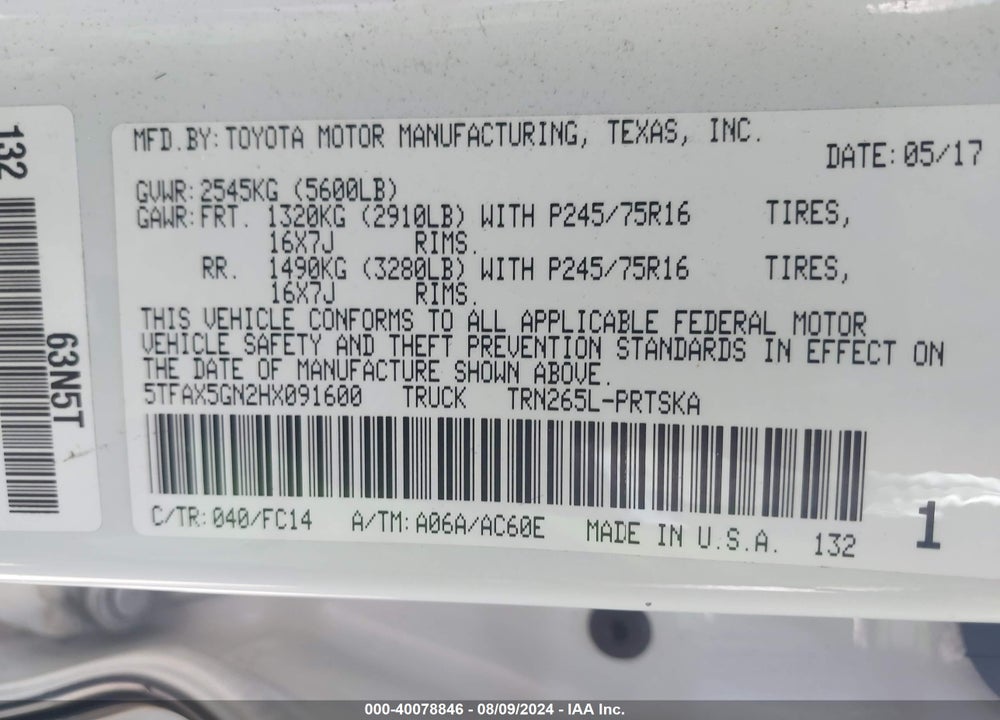 2017 TOYOTA TACOMA SR5 VIN: 5TFAX5GN2HX091600